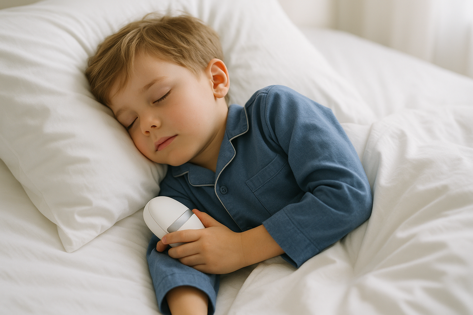 generate a high quality image of a white little boy sleeping in crisp white sheets and holding an oval shaped white device with a silver middle. the image must show a boy only using white bedding sleeping on his side and he is wearing blue pyjamas.